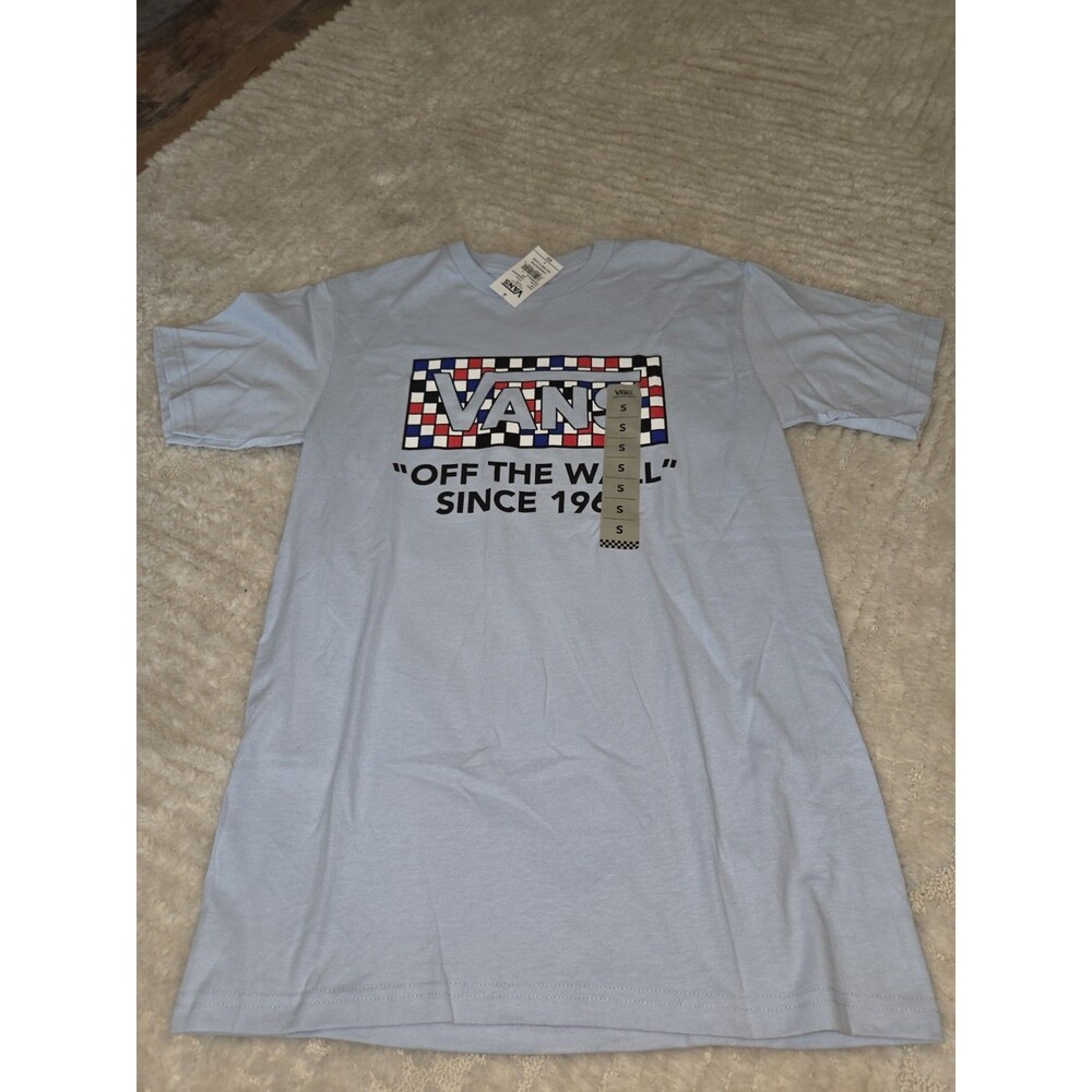 VANS Men's Light Blue Off The Wall Graphic Check Crew Neck T-Shirt SZ Small B20
